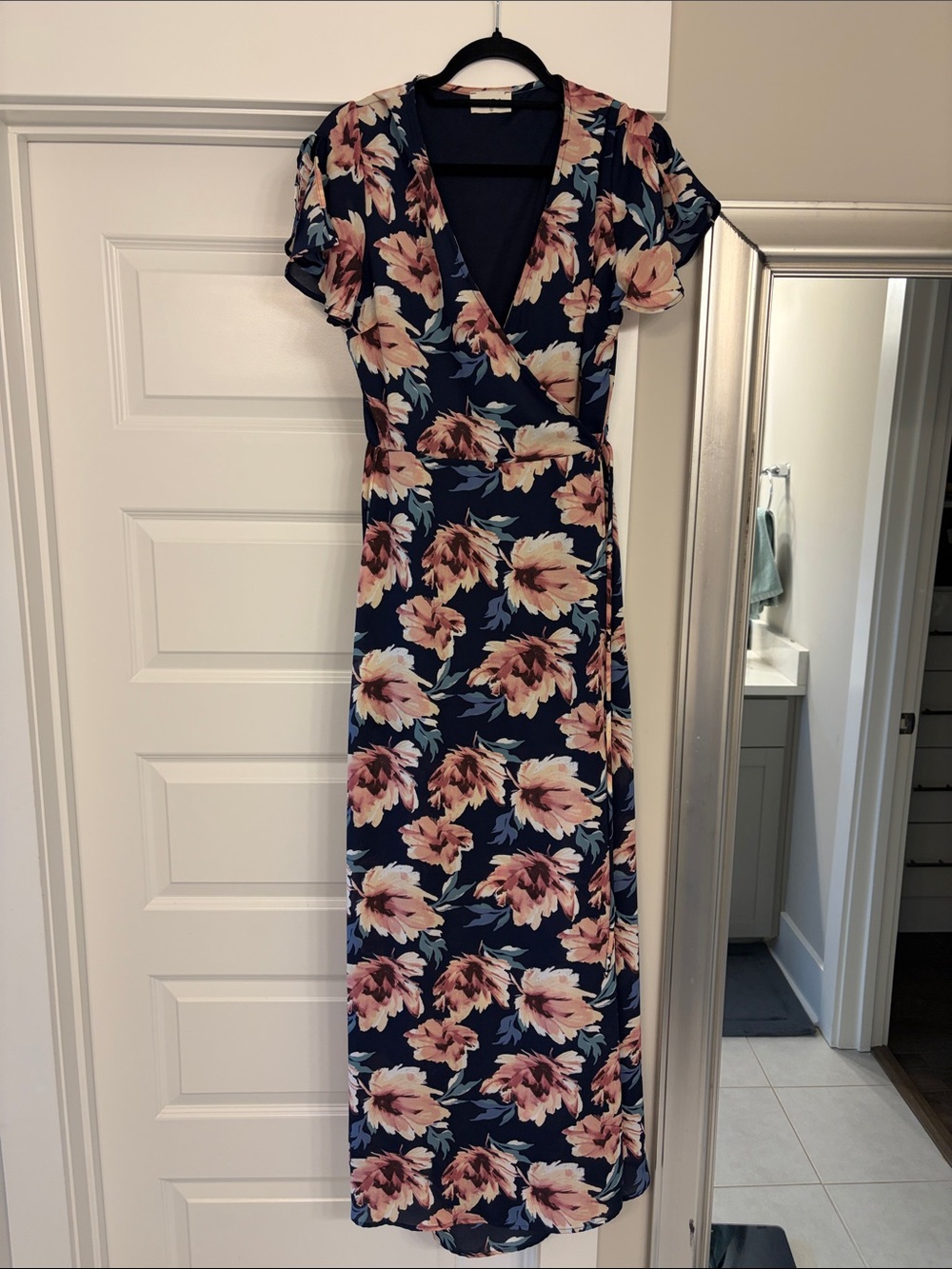 Aura floral Navy and Pink Wrap Maxi Wrap Dress